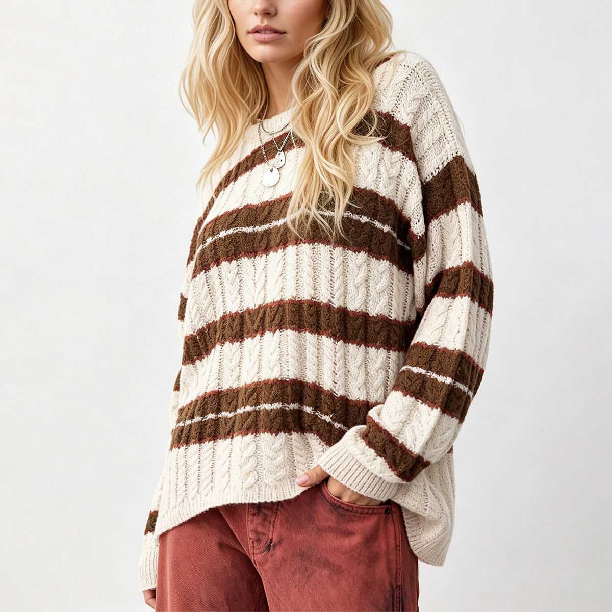 Women's Oversized Cable Knit Striped Crew Neck Sweater