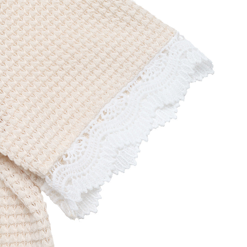 Lace Trim Waffle Knit V Neck Top Casual Summer Tee
