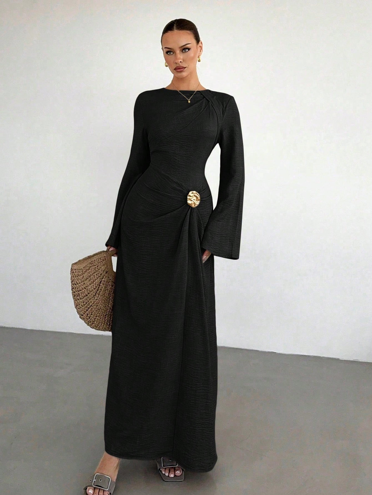 Women's Bell Sleeve Ruched Maxi Dress Gold Button