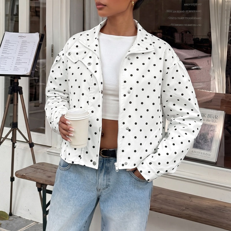 Polka Dot Cropped Zip Up Collared Jacket