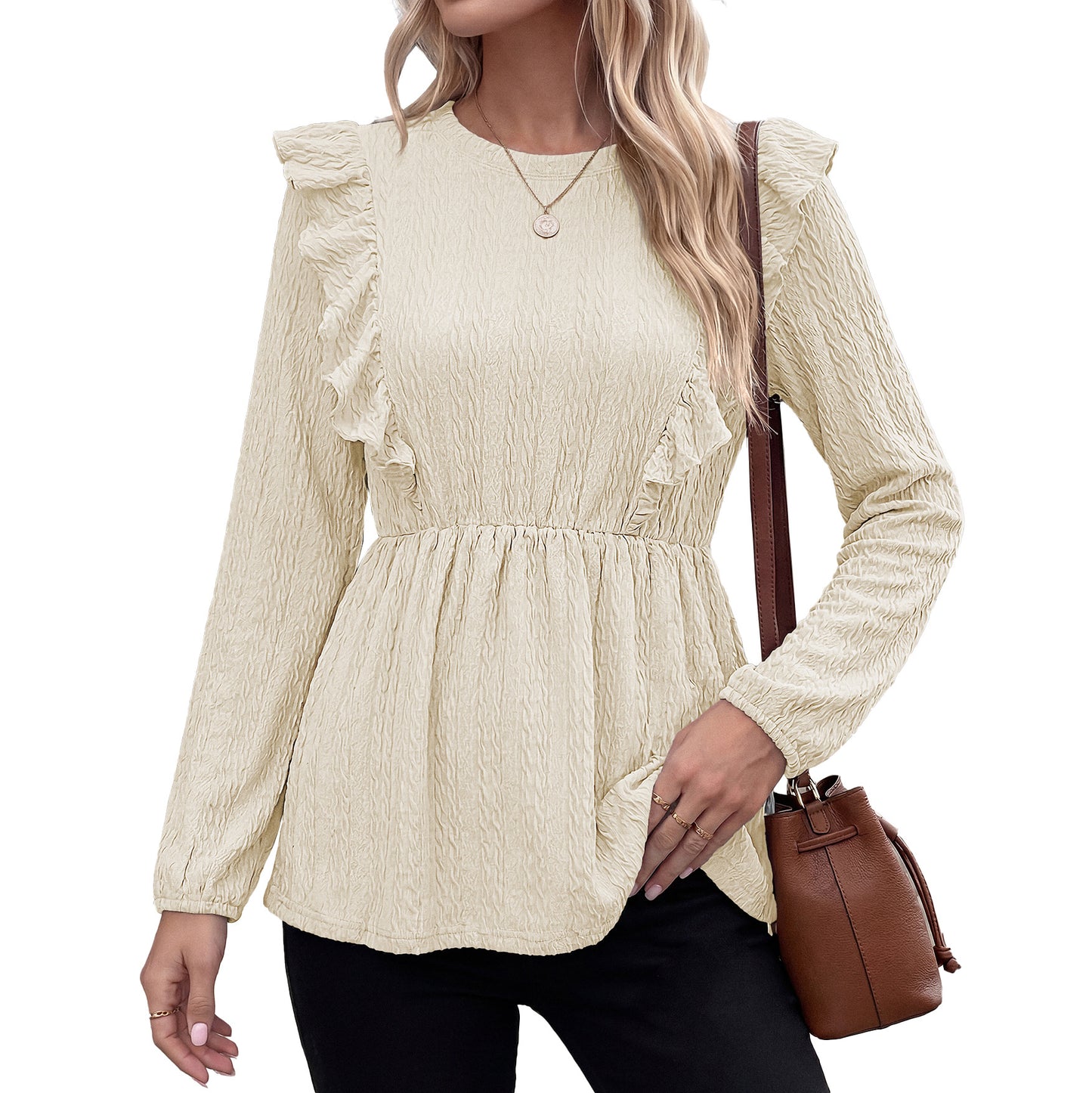 Women's Ruffle Peplum Long Sleeve Blouse Top