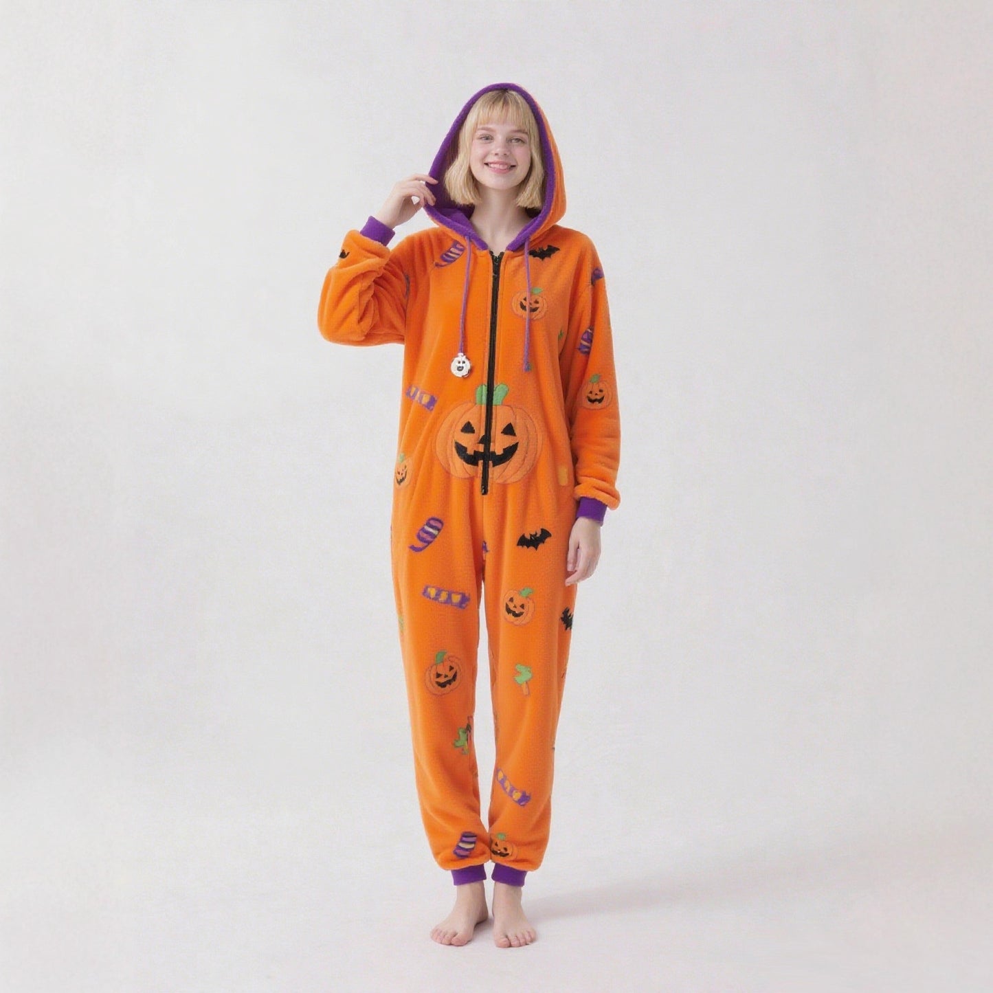 Halloween Pumpkin Hooded Pajama Jumpsuit One Piece