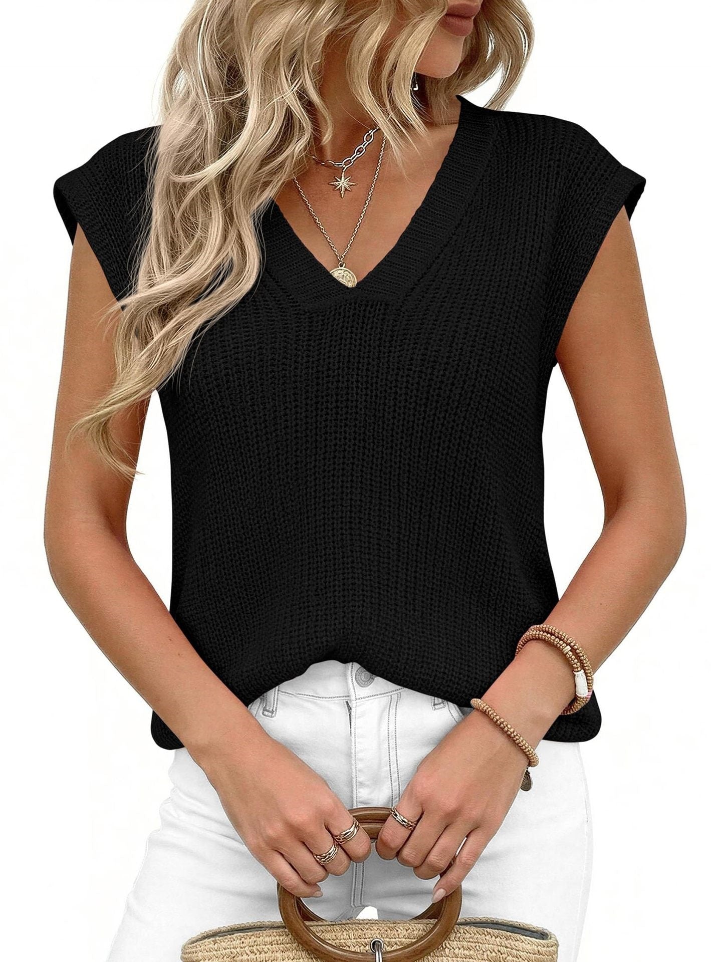 Women’s V Neck Sleeveless Knit Sweater Vest Loose Casual Summer Pullover Top