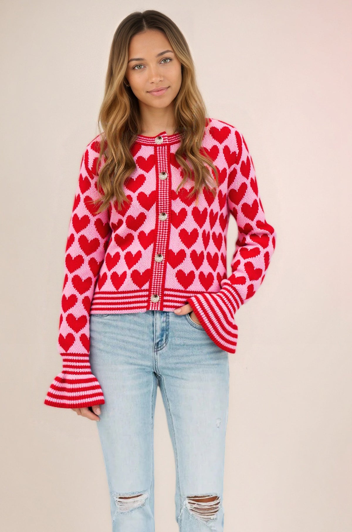 Colorblock Heart Print Bell Sleeve Knit Cardigan