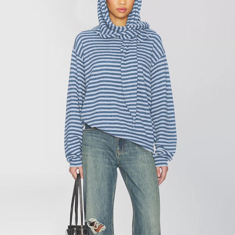 Women's Oversized Striped Sweater with Scarf Detail