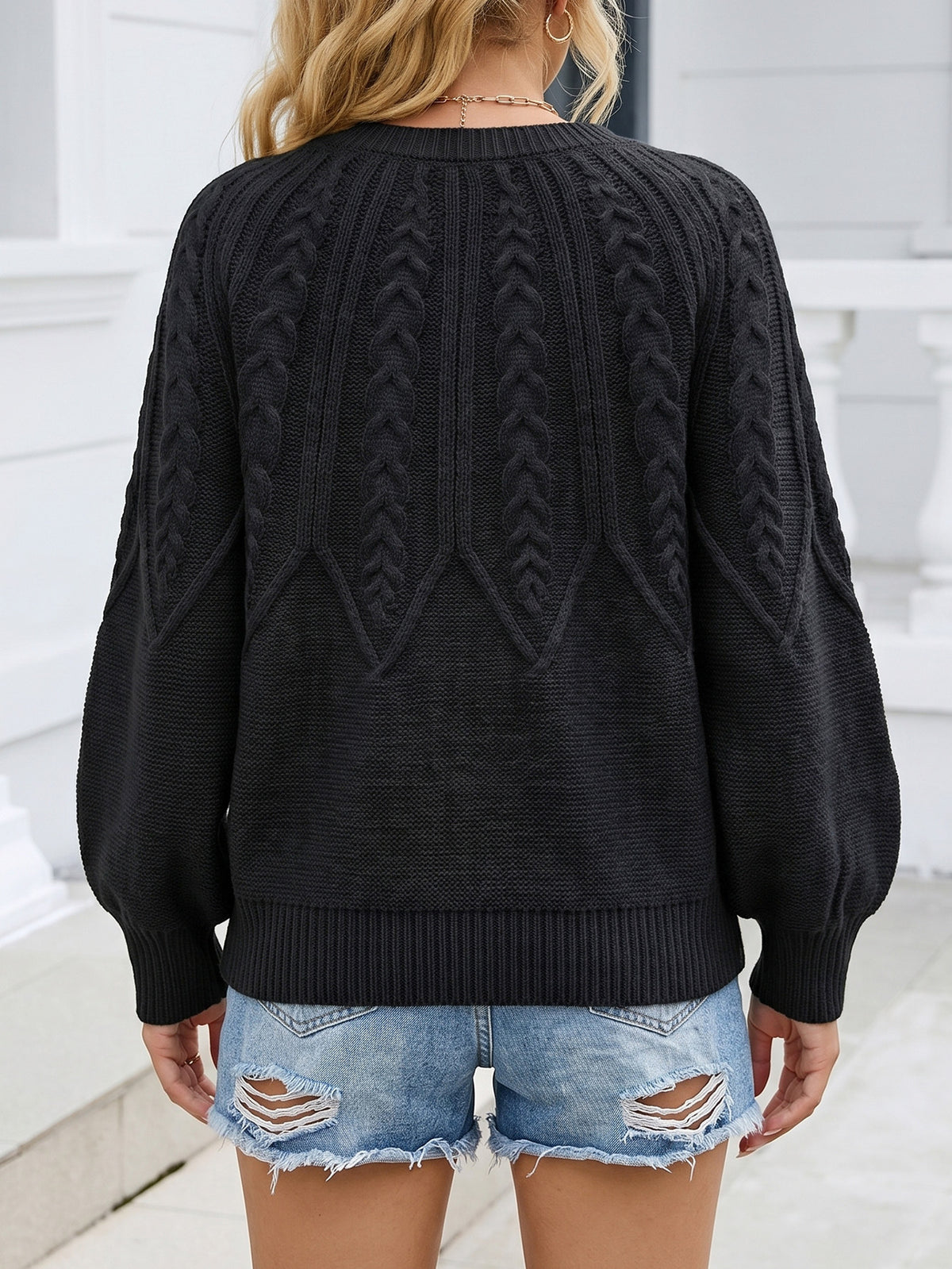 Women's Cable Knit Balloon Sleeve 3D Floral Sweater