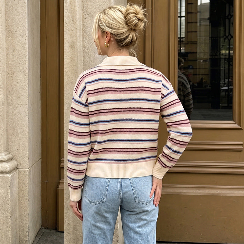 Striped Polo Neck Knit Sweater Relaxed Casual Pullover