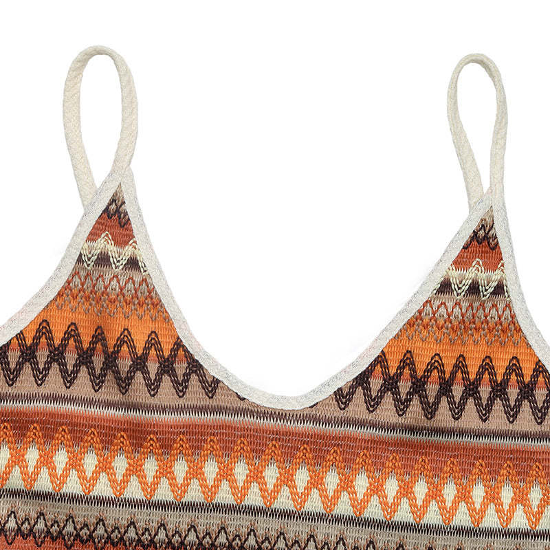 Sexy Beach Colorful Knit Striped Sleeveless Mini Dress with Ruffles