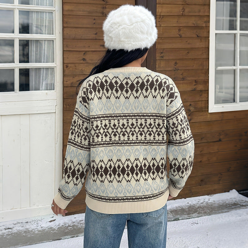 Women's Oversized Fair Isle Crew Neck Knit Sweater
