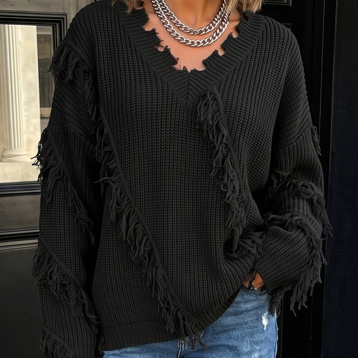 Women's Oversized V Neck Fringe Chunky Knit Sweater