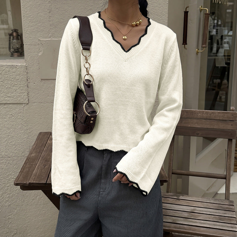 Contrast Trim V Neck Cropped Knit Sweater Long Sleeve Top