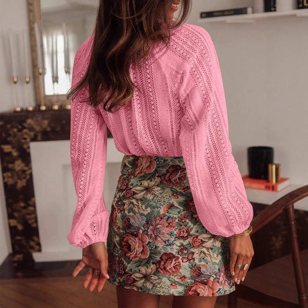 Lace V-Neck Button Blouse Puff Sleeve Elegant Top