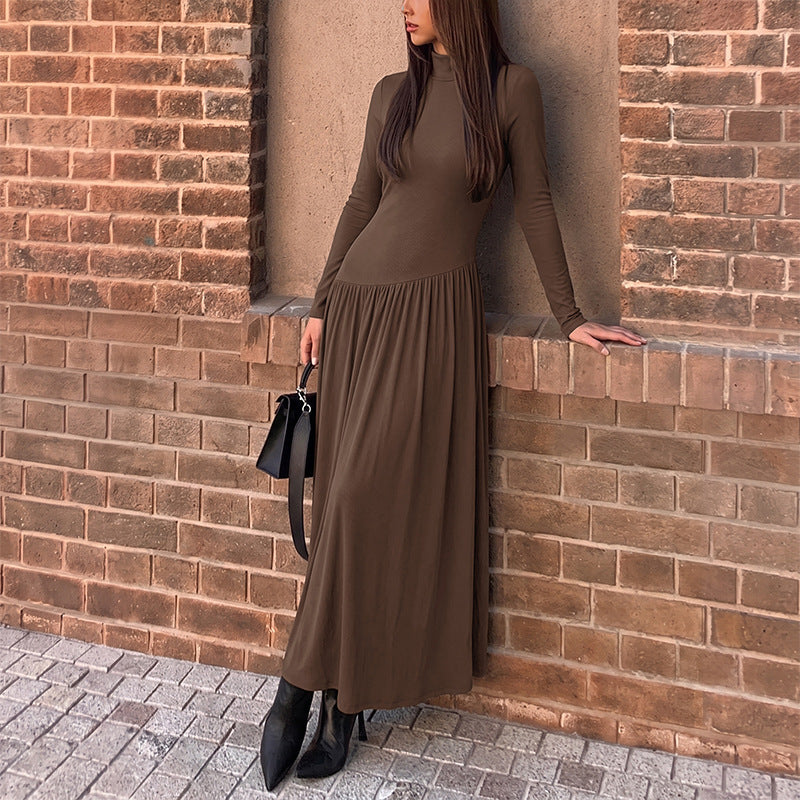 Mock Neck Knit Midi Dress Long Sleeve High Waist A Line
