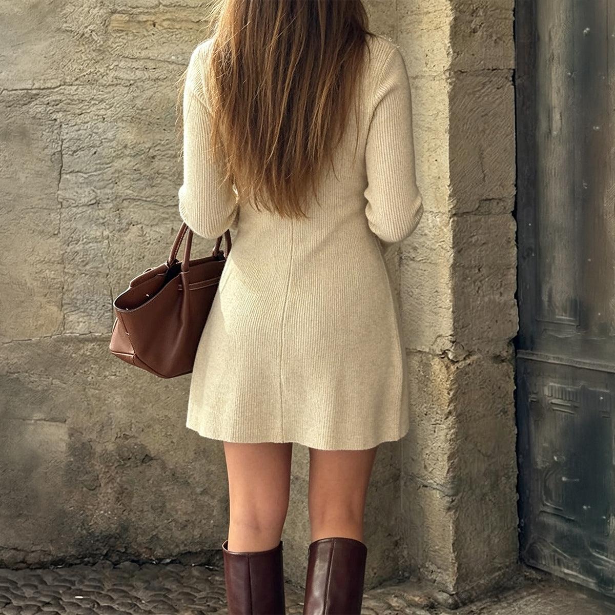 Ribbed Collared Button Front Mini Sweater Dress