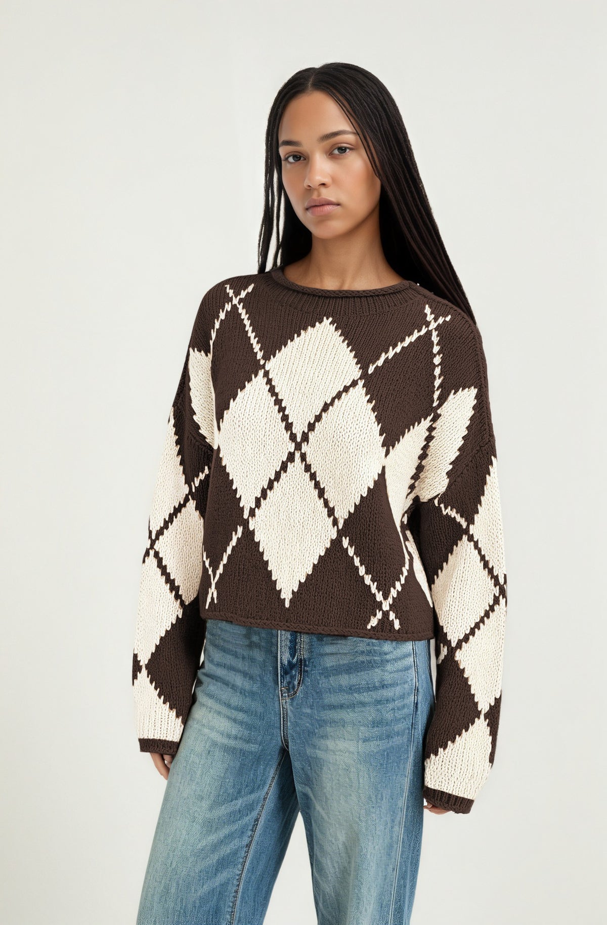 Women's Oversized Argyle Crewneck Chunky Sweater