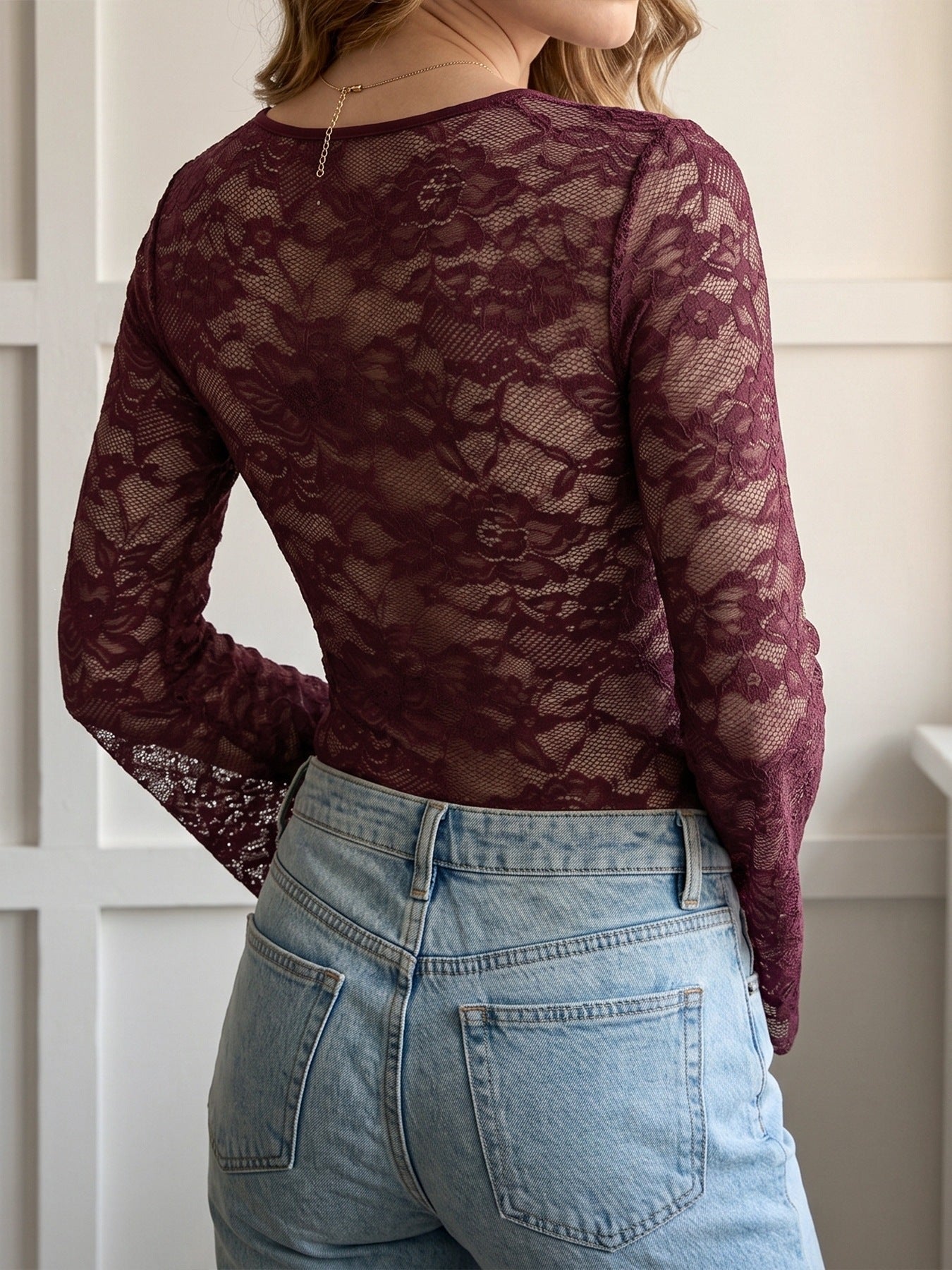 Floral Lace  Top Feminine Tie Front Long Sleeve