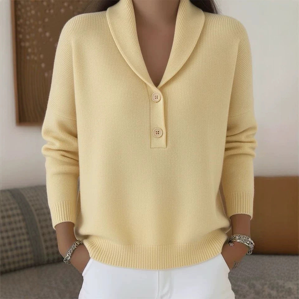 Solid Knit Polo Collar Sweater Button Front Relaxed Fit