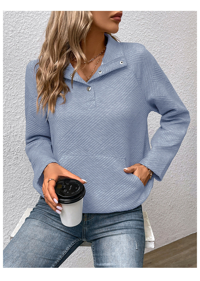 Textured Polyester Sweatshirt Casual Boutique Snap Collar