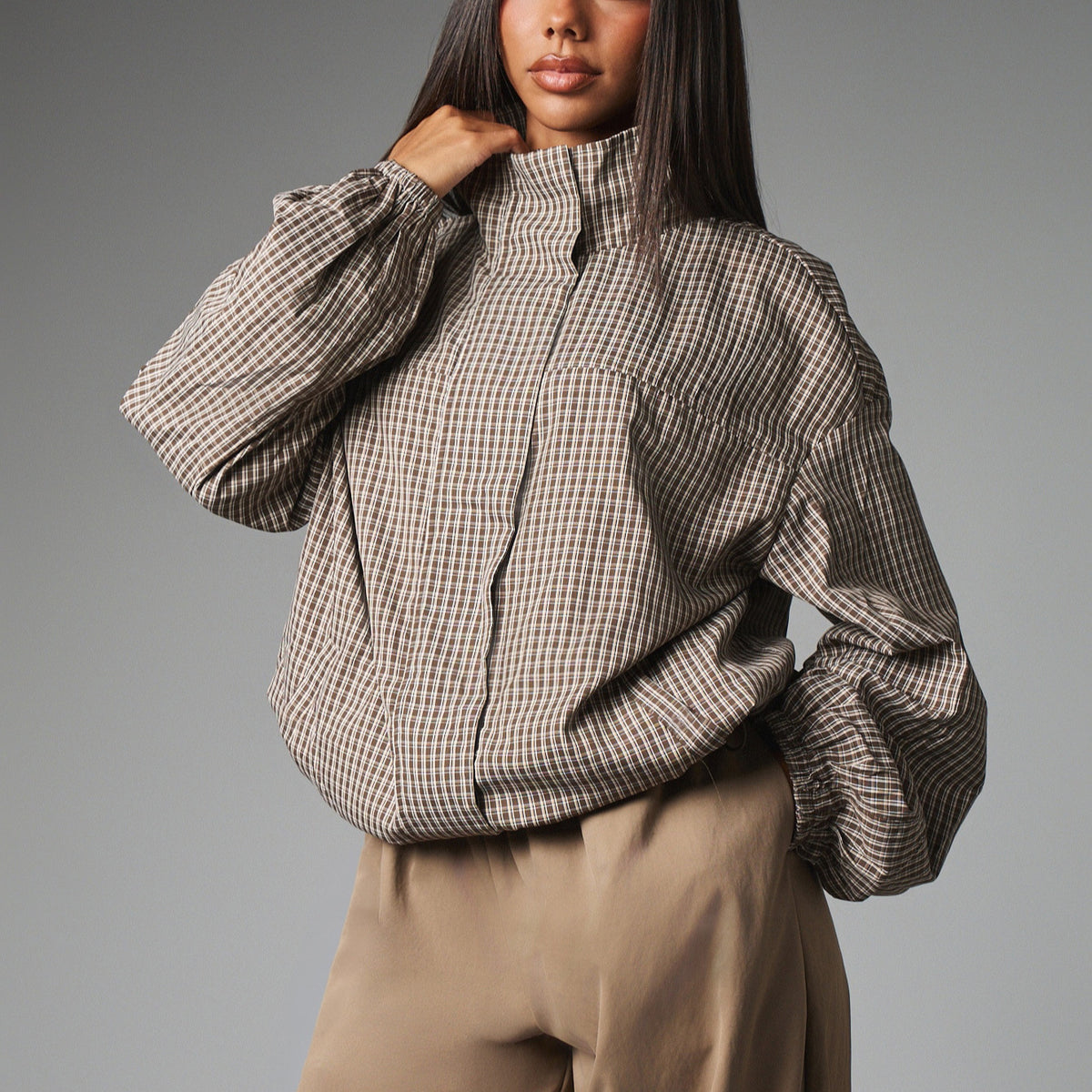 Oversized Plaid Zip Up Jacket Women Casual Long Sleeve Coat
