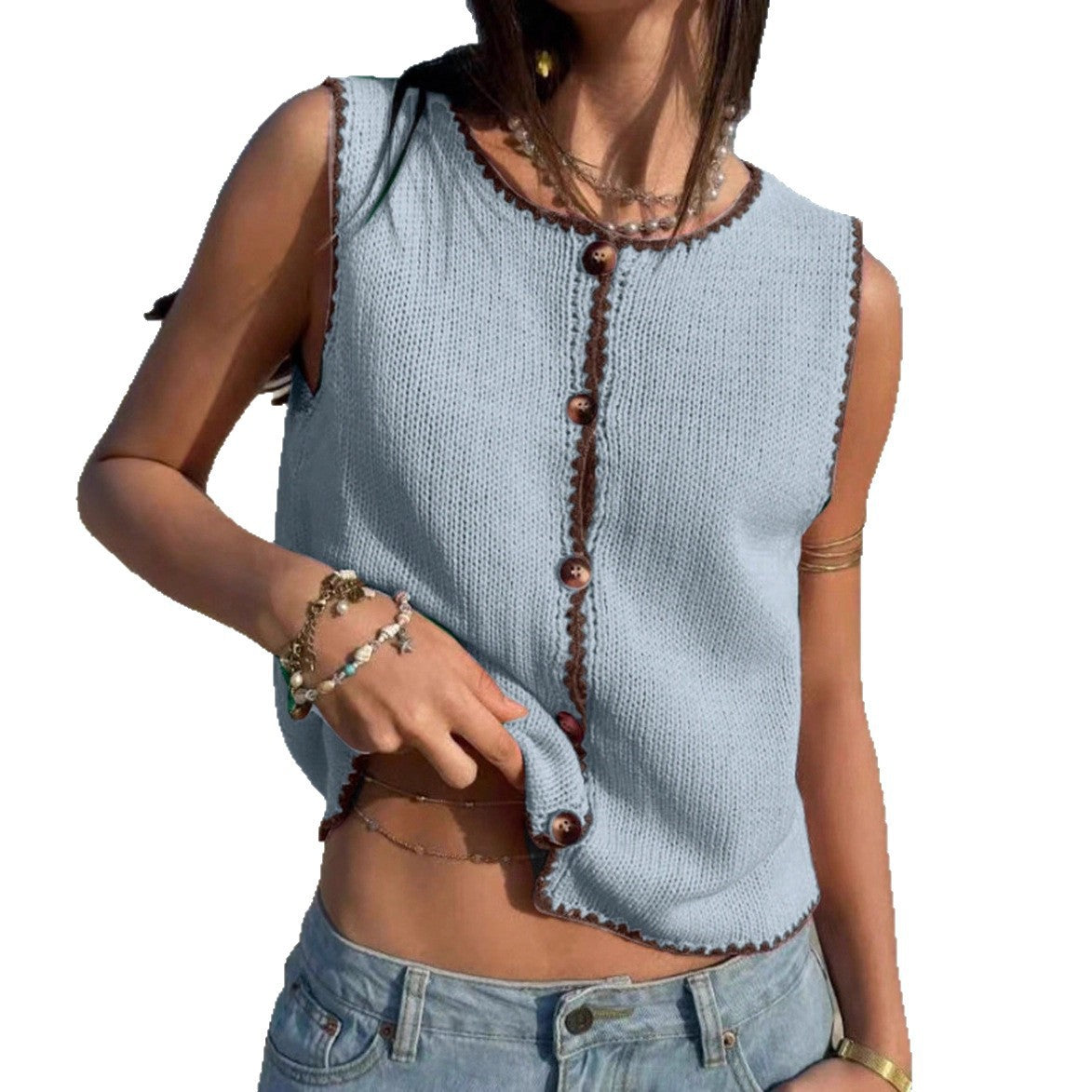 Y2K Contrast Trim Knit Tank Top Sleeveless Button Vest