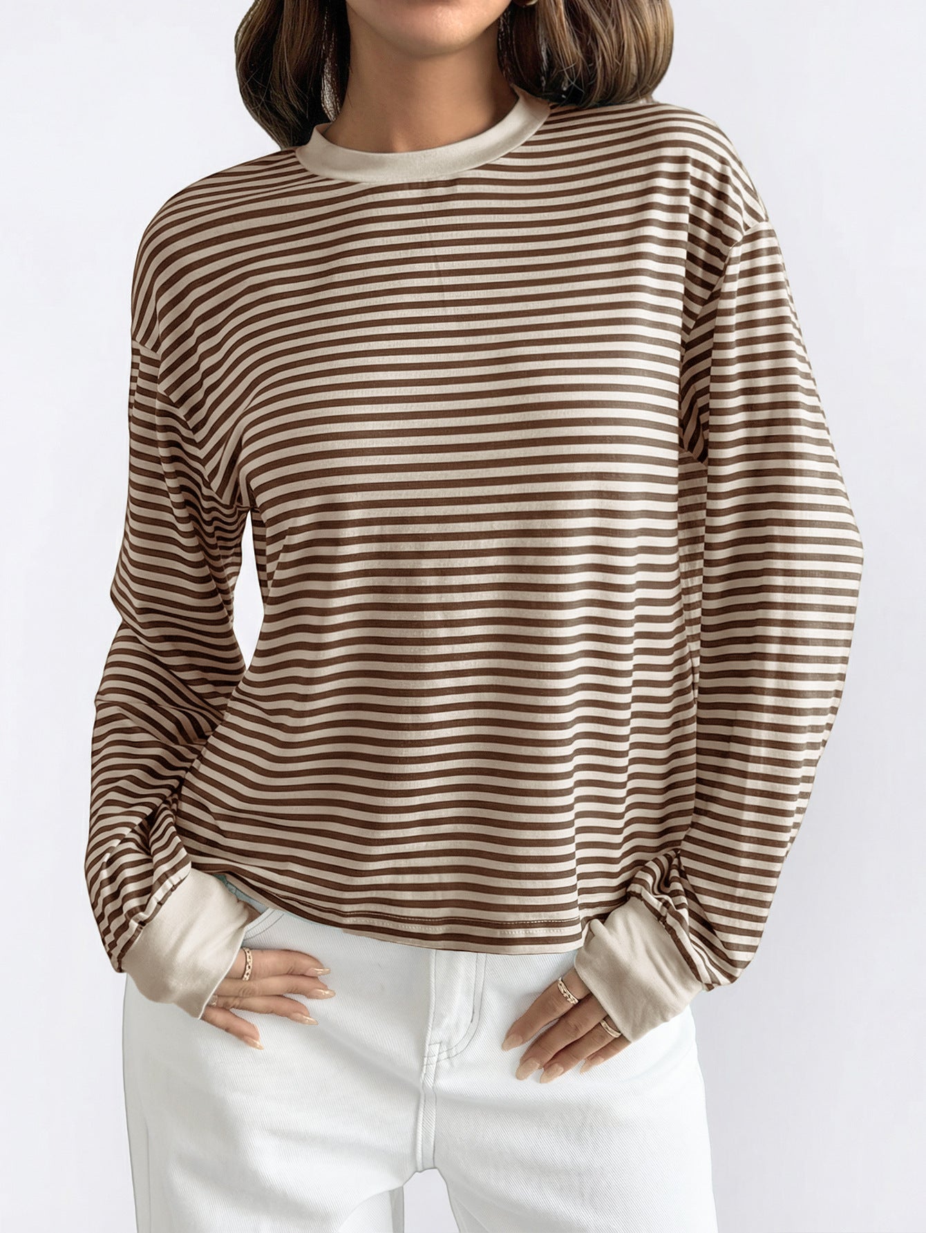 Striped Polyester Tee Casual Oversized Long Sleeve