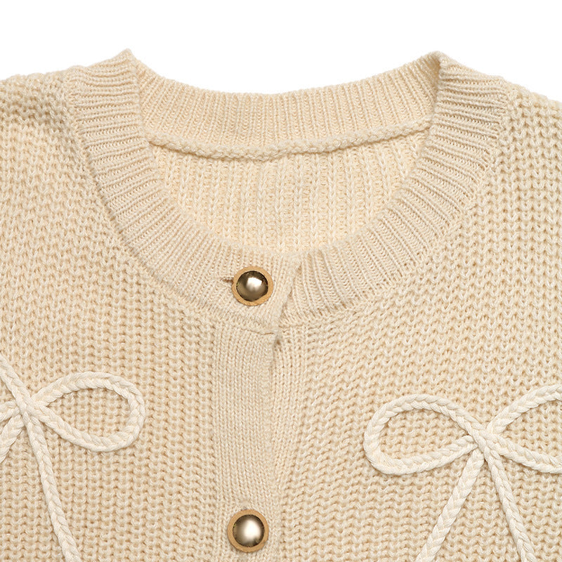 Bow Detail Knit Cardigan Sweater Button Front Casual Top