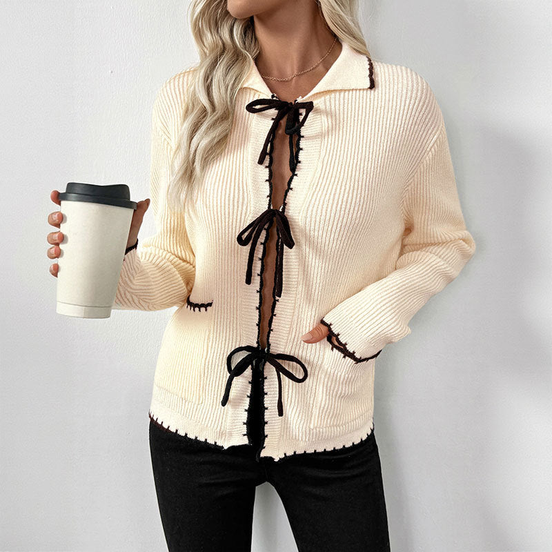 Contrast Trim Bow Tie Knit Cardigan Sweater with Collar