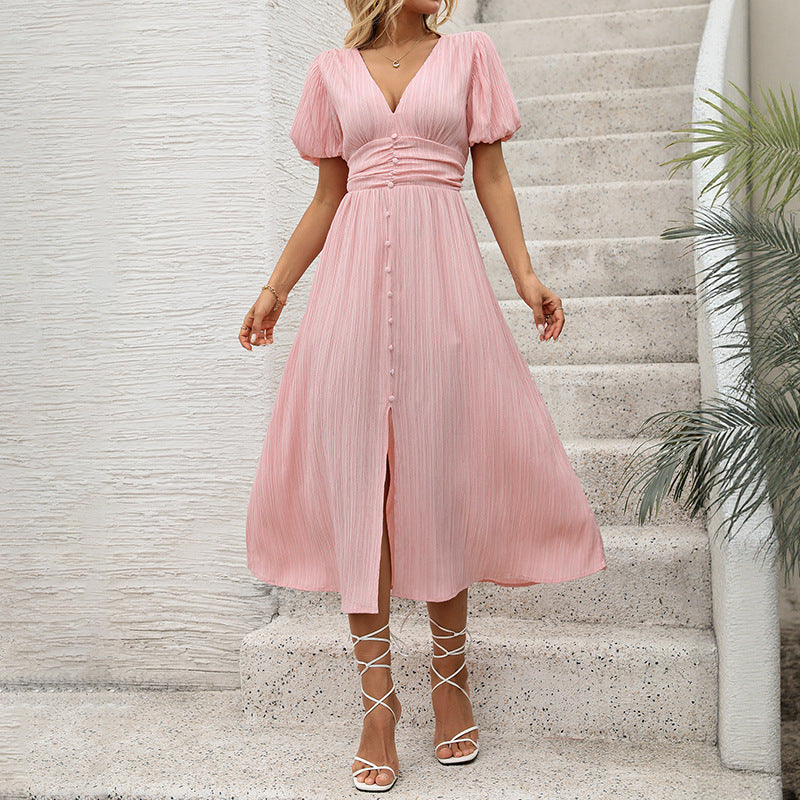 Women's Pleated Short Puff Sleeves Summer Midi Dress