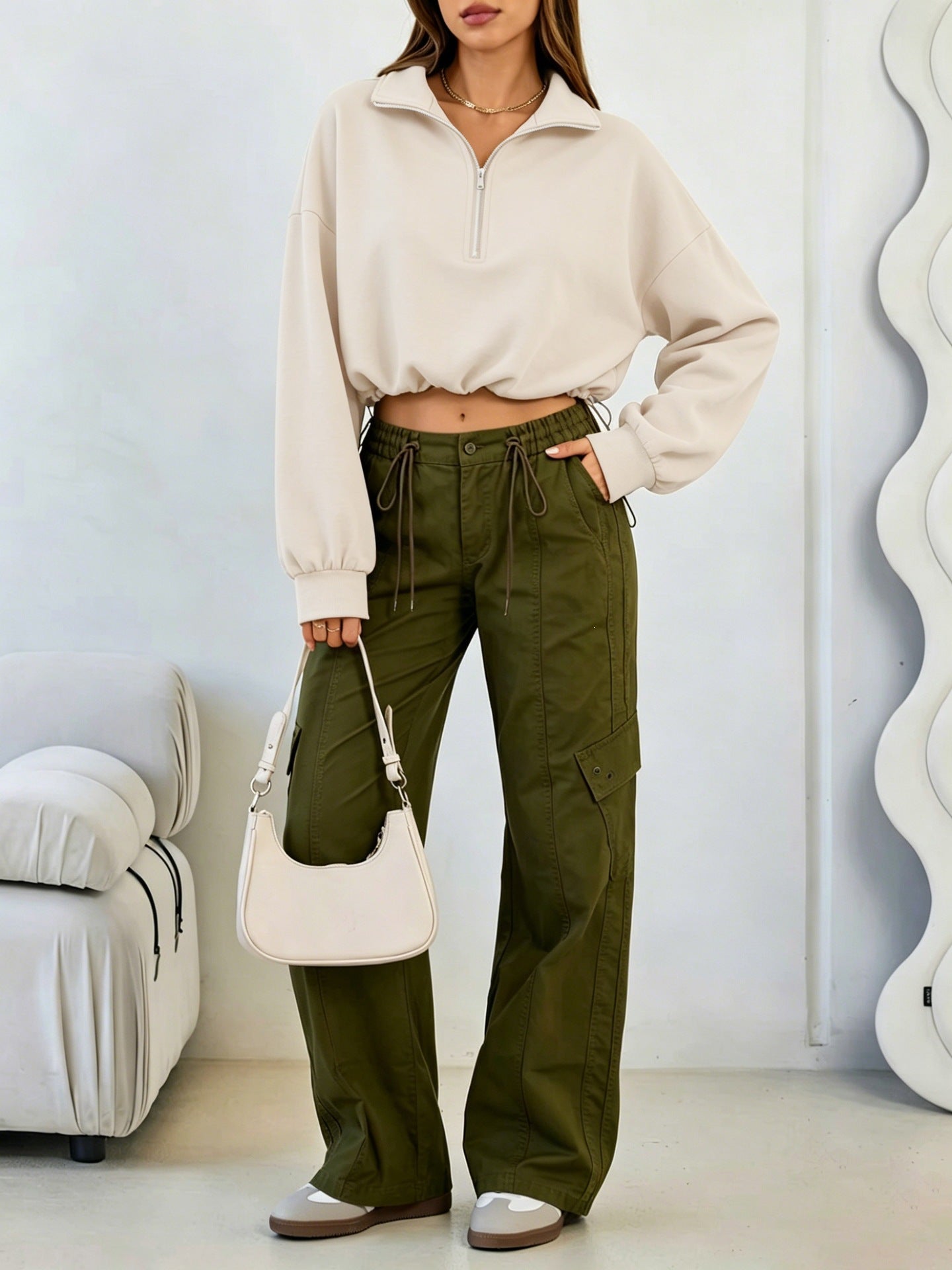 Half-Zip Pullover Sweatshirt Casual Drawstring Cropped Top