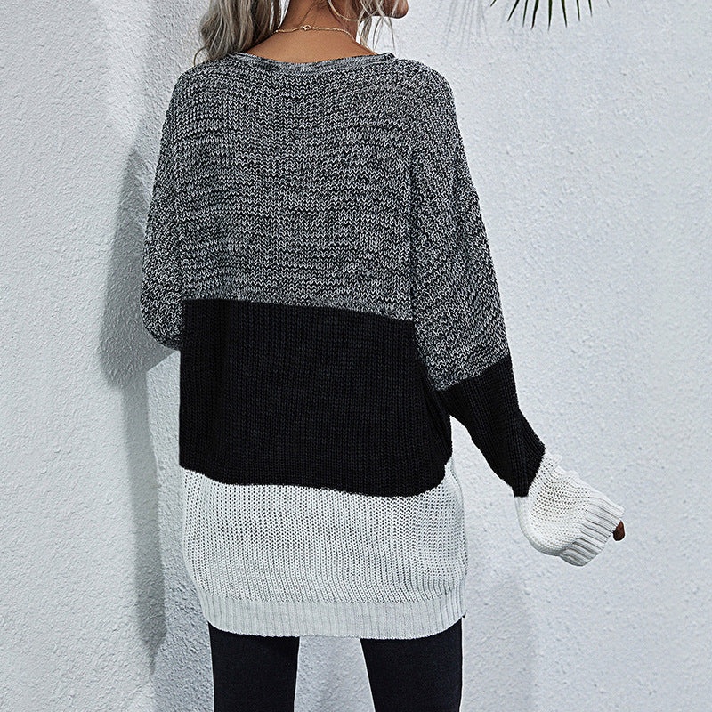 Color Block Round Neck Long Sleeve Knit Sweater