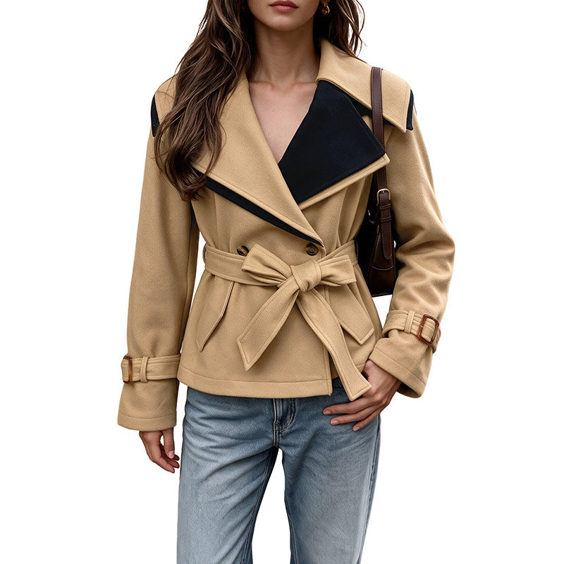 Women's Color Block Belted Cropped Short Coat
