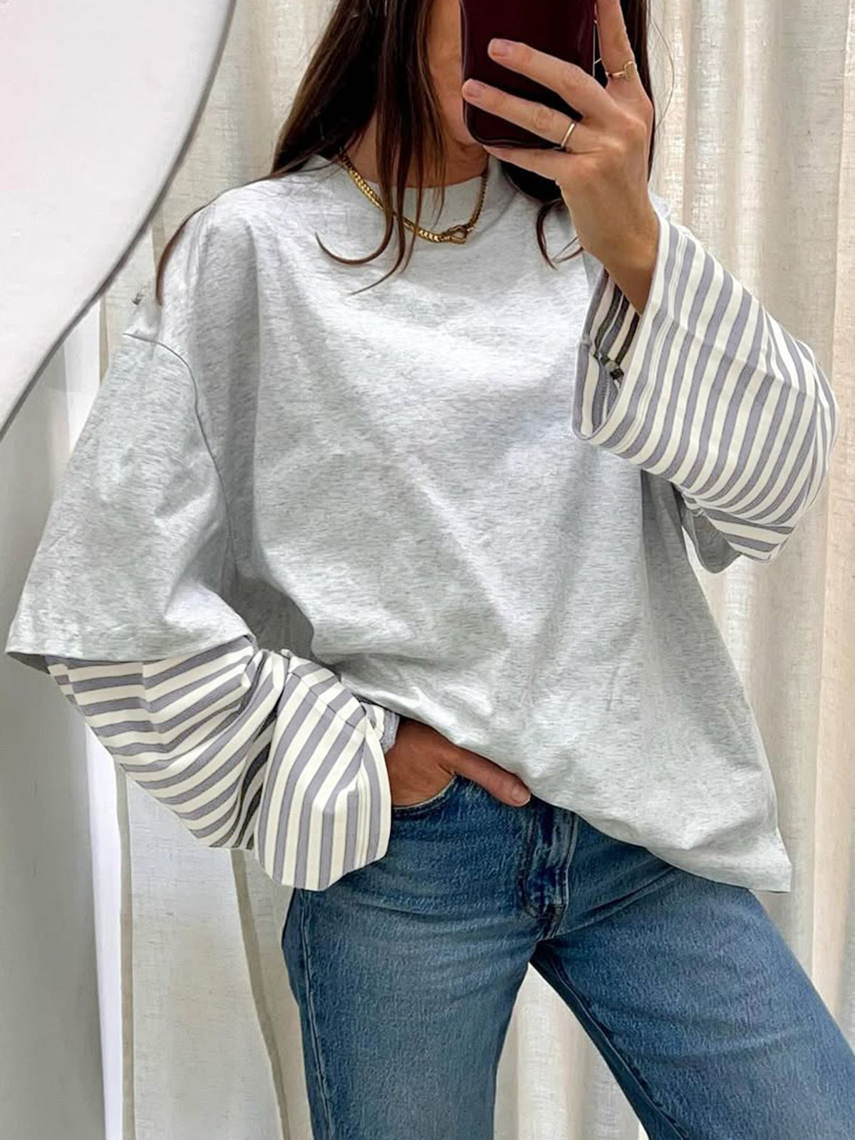 Oversized Contrast Striped Sleeve Cotton Long Sleeve Top