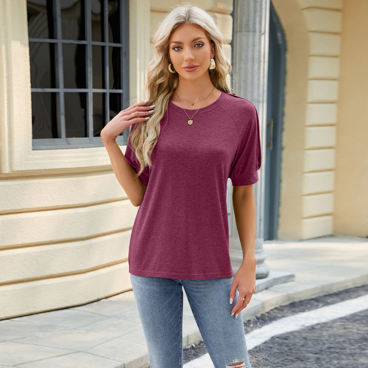 Solid Cotton Blend Tee Casual Boutique Button Sleeve