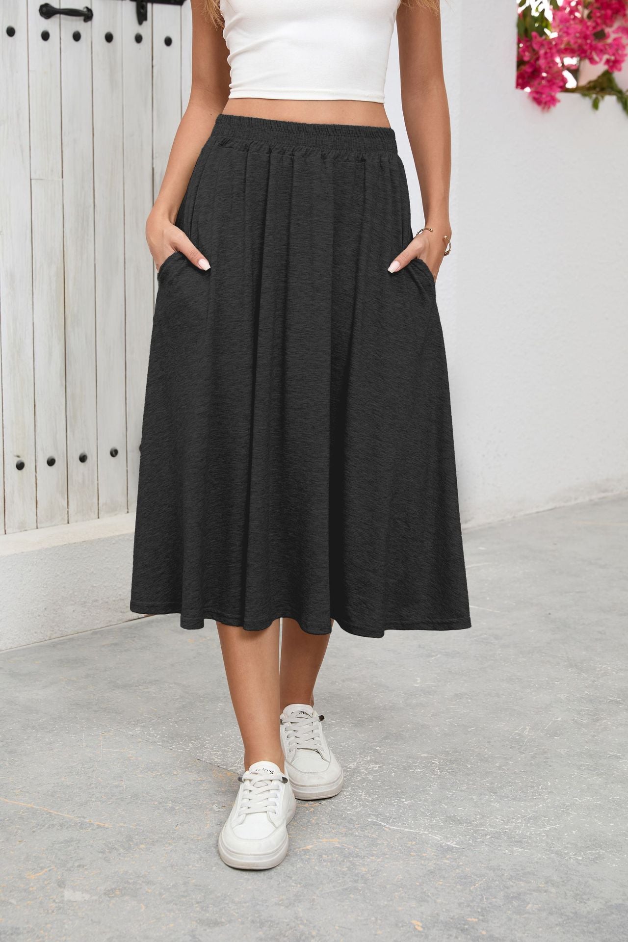 Solid Knit Skirt Casual A-Line Midi Elastic Waist