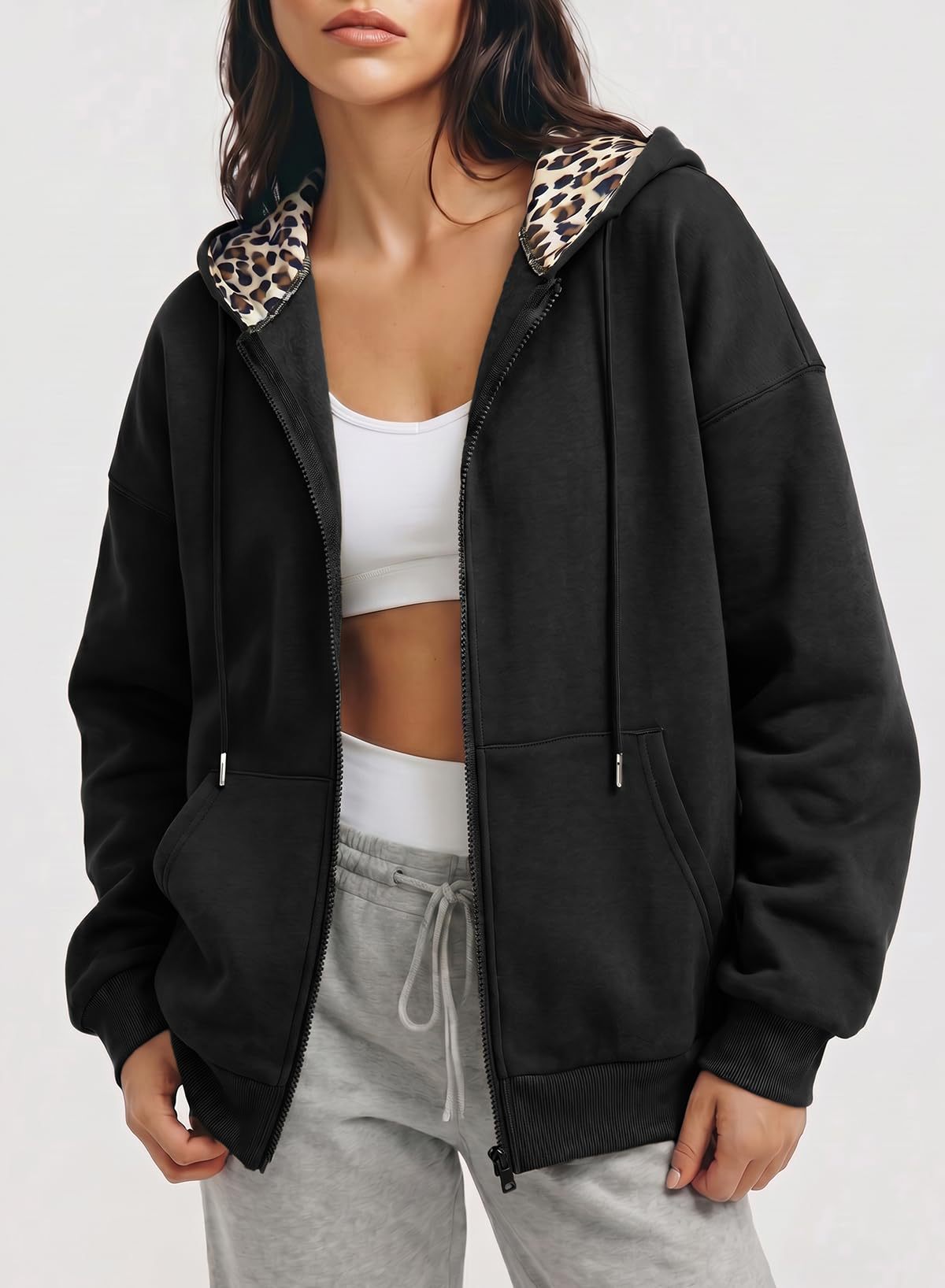 Women's Oversized Leopard Zip Up Hoodie