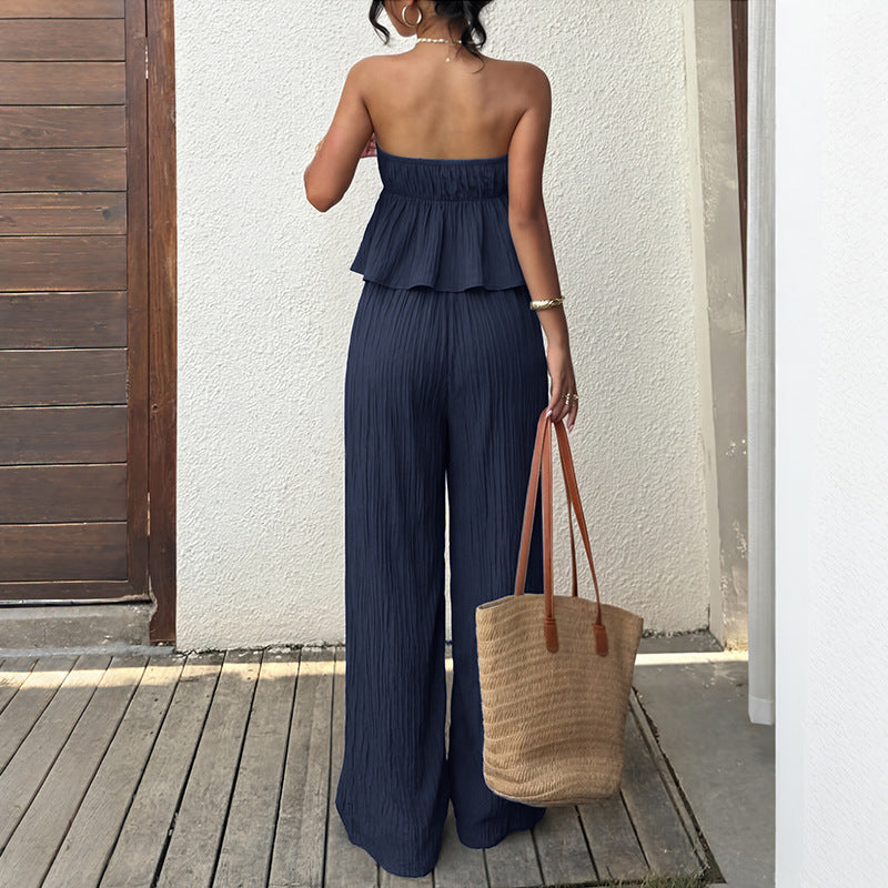 Strapless Smocked Ruffle Top Wide Leg Pants Set