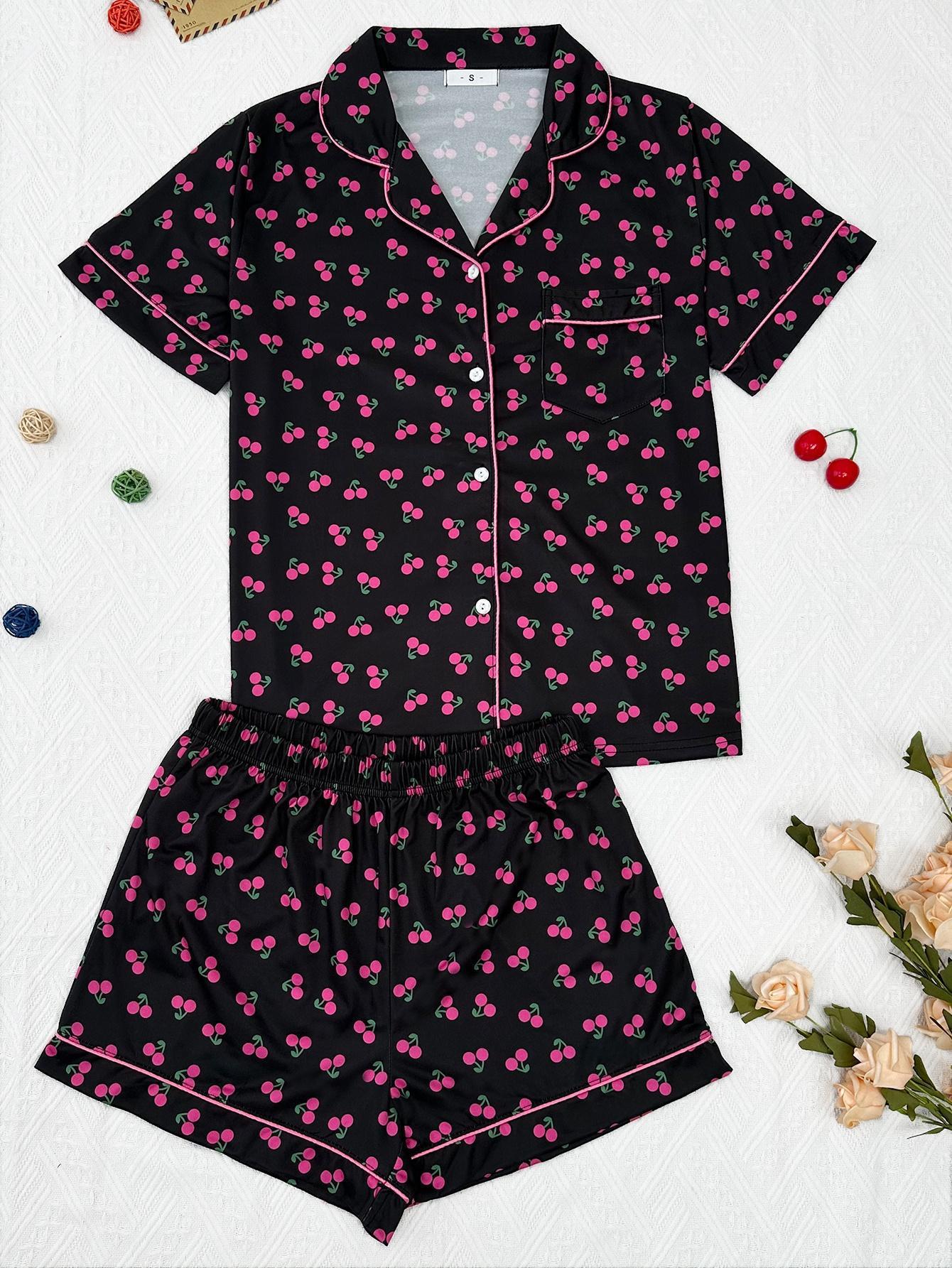 Cherry Print Short Sleeve Button Pajama Set for Women