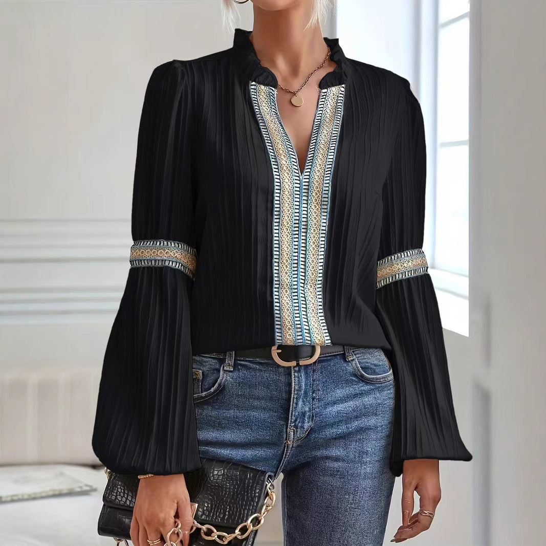 Pleated Embroidered Trim Bell Sleeve Blouse