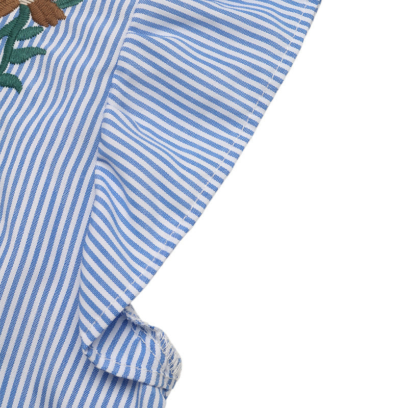 Embroidered Striped Ruffle Sleeve Button Down Blouse