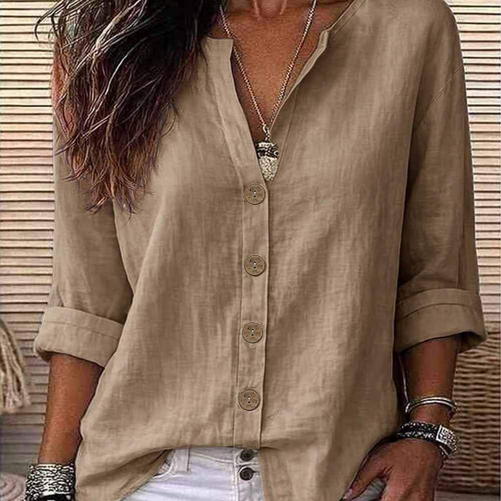 Women's Relaxed V-Neck Button Up Roll Sleeve Blouse