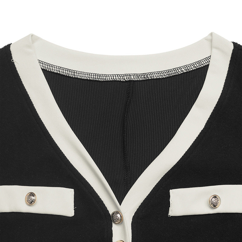 Contrast V Neck Knit Dress Slim Fit Long Sleeve Midi Dress