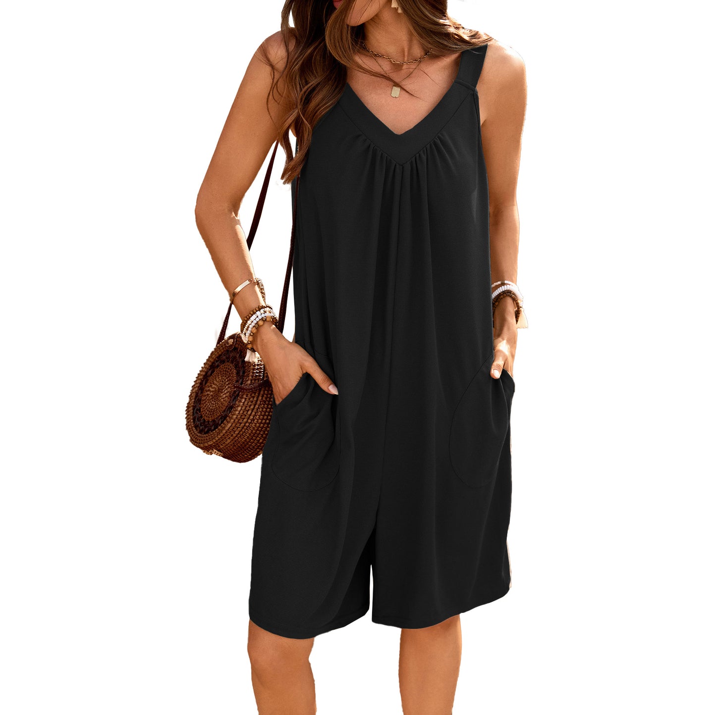 Loose Fit V-Neck Sleeveless Romper with Pockets