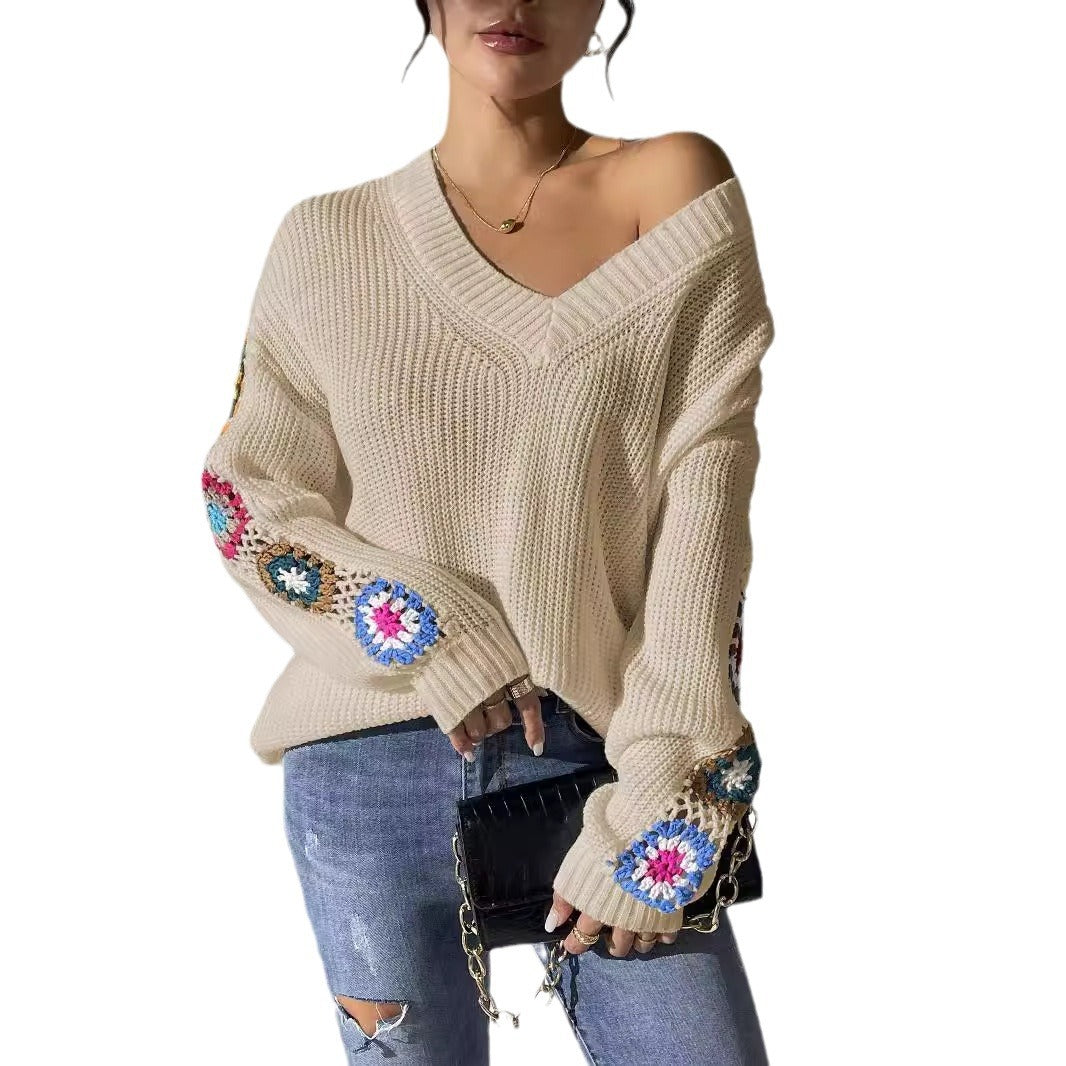 Women's Crochet Patchwork V-Neck Knit Sweater