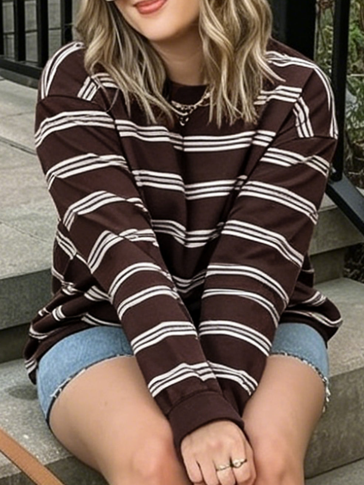 Women's Brown Striped Crewneck Long Sleeve Sweatshirt