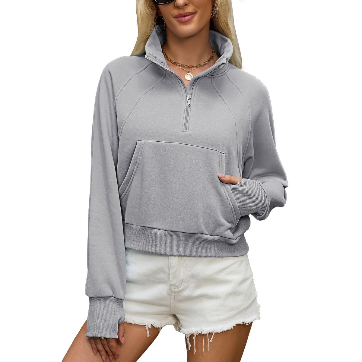Women's Oversized Quarter Zip Cropped Sweatshirt Pocket