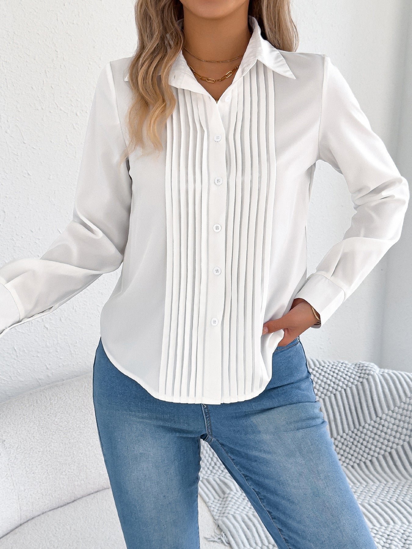 Pleated Long Sleeve Button Down Collared Blouse
