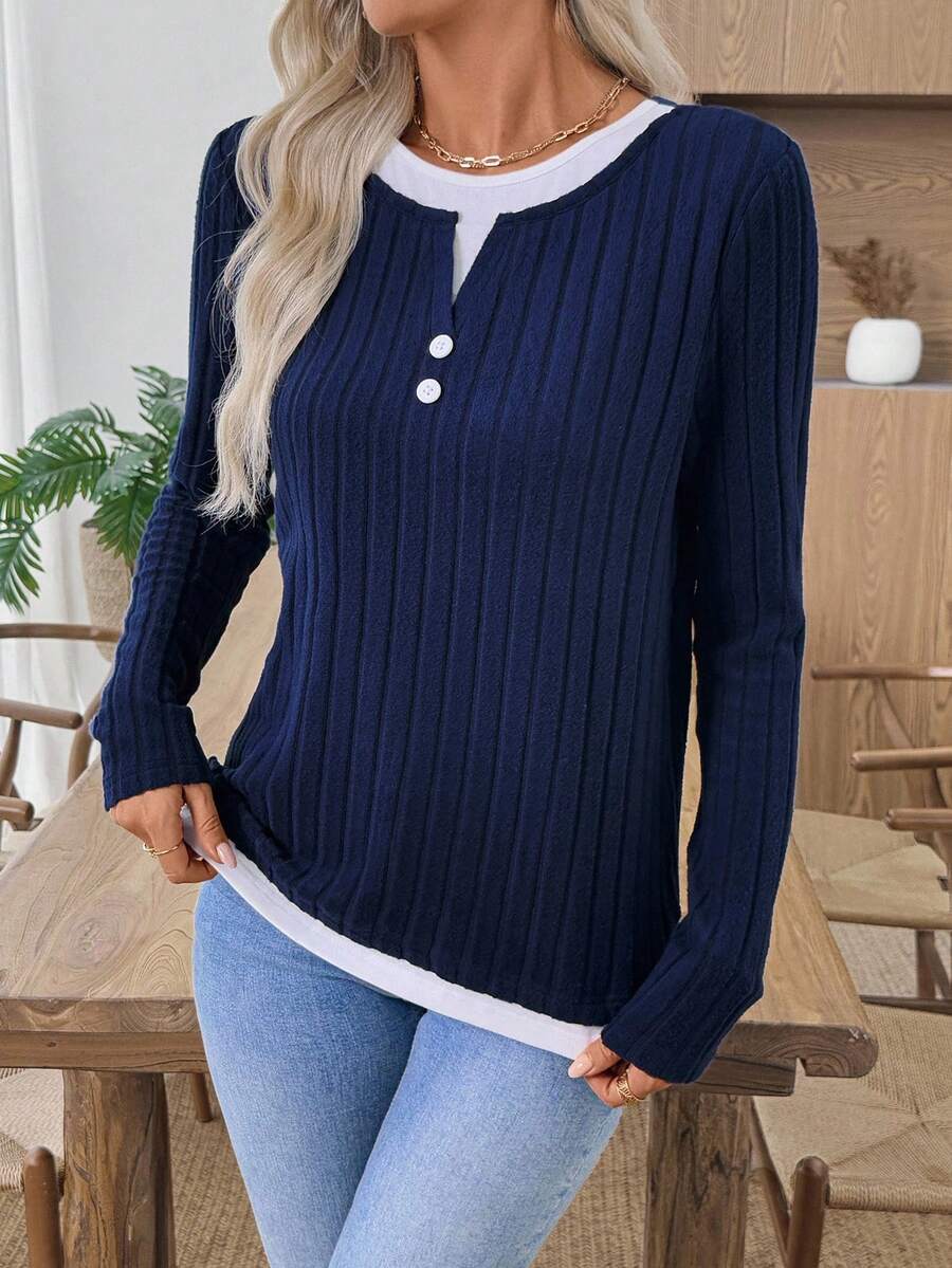 Solid Brushed Knit Top Casual Ribbed Henley Tee