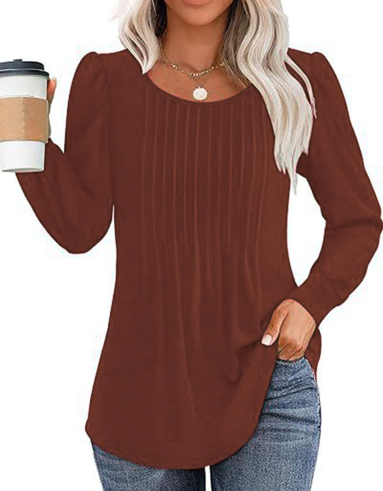 Solid Cotton Top Casual Pleated Puff Sleeve