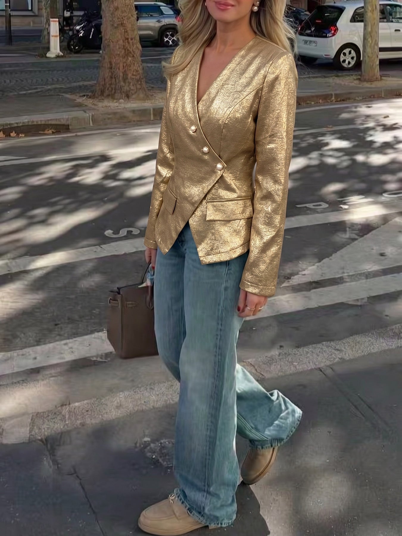 Metallic Gold Single Button Tailored Blazer
