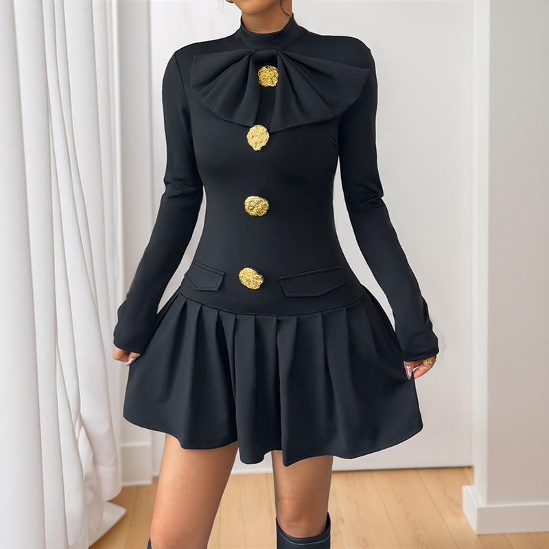 Elegant Black Long Sleeve Dress with Bow and Button Details